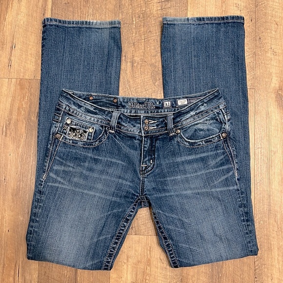 Miss Me Boot Cut Flap Pocket Jeans w/Black & Silver Lace embellishments, Size 31 - Picture 7 of 14